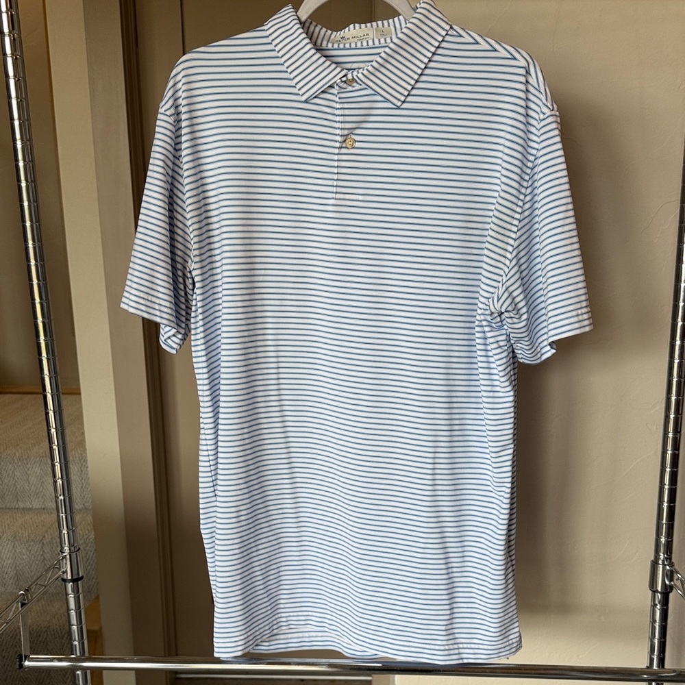 Peter Millar Blue and White Striped Men's Polo Shirt Size L